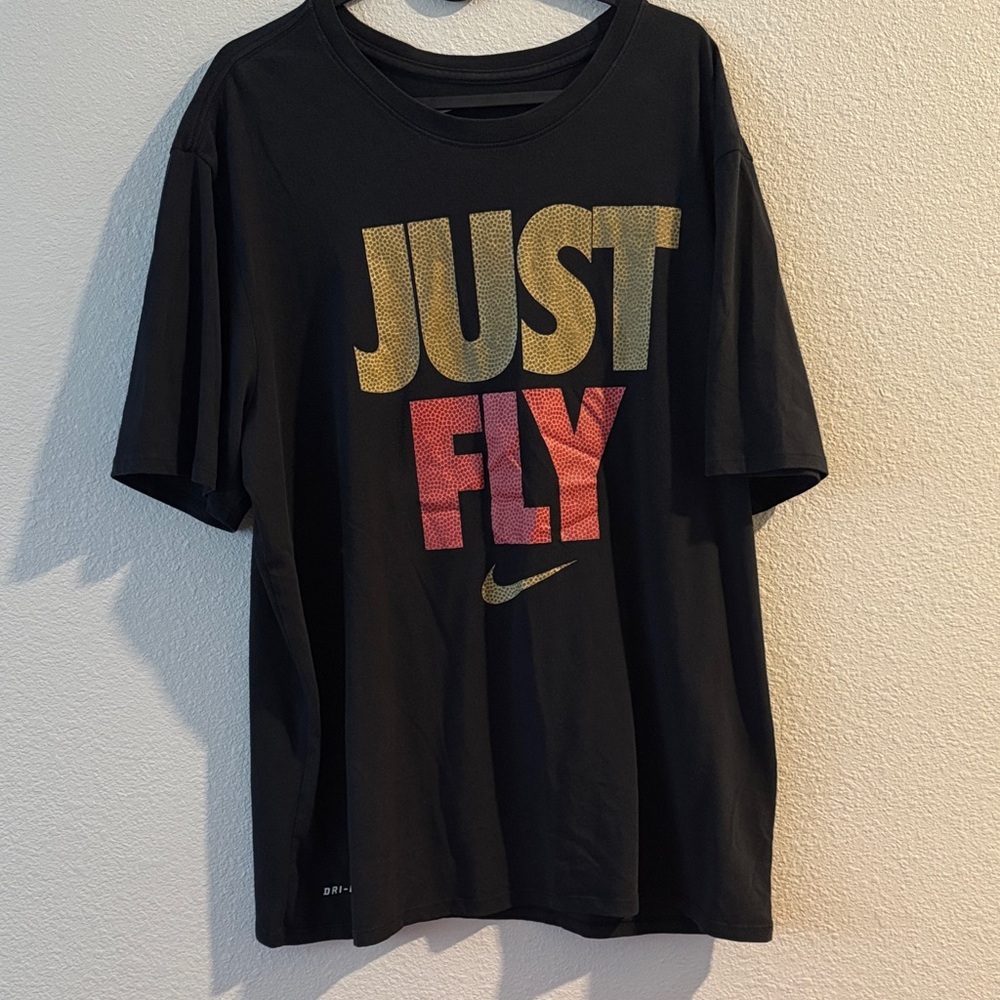 Nike Black T-Shirt with Red and Gold 'Just Fly' Design
